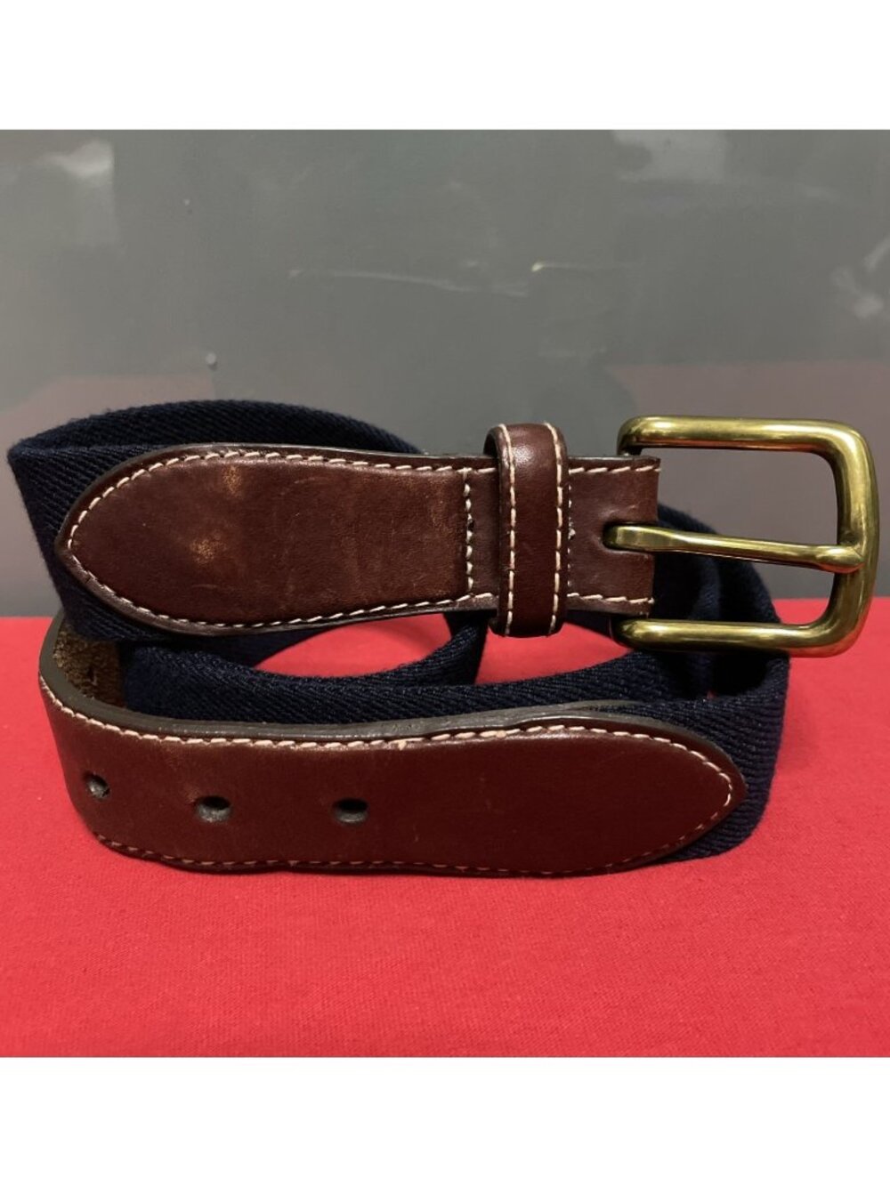 LL Bean Vintage Mens Belt Size 44 Navy Blue Canvas Web Leather Trim Brass Buckle